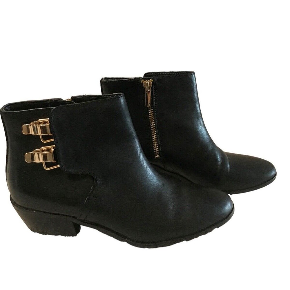 SAM EDELMAN Peter Black Leather Zip Gold Buckle Ankle  Booties Boots  6M